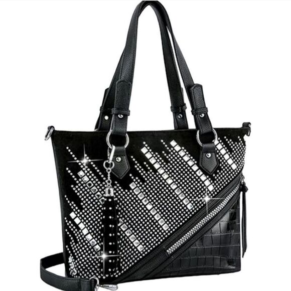 Handbags - Stunning Rhinestone Studded Bling Black Handbag Shoulder Tote Purse
